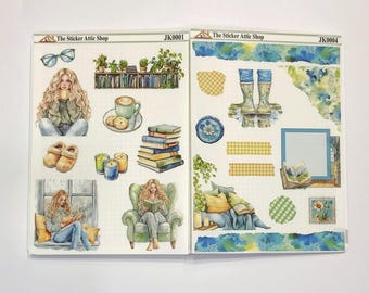 Rainy Day Booklover, Blonde JK0001 & JK0004 Decorative Planner Stickers, Journaling Stickers, Reading, Book Deco