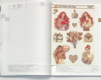 Neutral Valentine Fashion Girl Red Hair V0217, Clear Frosted Matte Stickers, Transparent Journal Planner Stickers