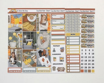 Cozy Book Nook Planner Sticker Kit, Vertical Fall Planner Stickers, Weekly Sticker Kit