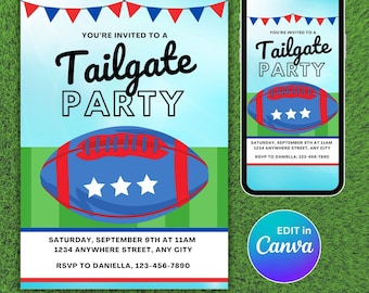 May include: A printable invitation for a tailgate party with a football graphic and the text "You're invited to a Tailgate Party". The invitation includes the date, time, location, and RSVP information. The invitation is designed to be edited in Canva.