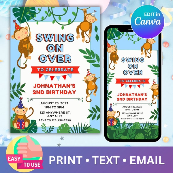 Save Time! Monkey Jungle Theme Kids Birthday Invitation Digital Template. Customize easily in Canva for Free. Instant Download.