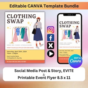Puede incluir: Un folleto colorido para un evento de intercambio de ropa. El folleto presenta una ilustración de dibujos animados de una persona que sostiene una bolsa y está de pie frente a un perchero de ropa. El folleto incluye el texto "Clothing Swap", "Saturday, April 20th, 2024", "10am - 3:30pm", "Event Location Name", "123 Anywhere St, Any City" y "For more info text: (555) 123-4567".