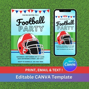 Modelo de convite para festa de futebol. Imprima em casa - e-mail ou texto! Personalize no Canva gratuitamente. Adicione as cores da sua equipe facilmente! Força equipa!