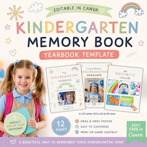 Puede incluir: Plantilla de libro de recuerdos de jardín de infancia colorida con el texto "Kindergarten Memory Book Yearbook Template". El diseño incluye una foto de un niño sonriente, un arcoíris y las palabras "Perfect End of Year Keepsake!" y "Editable in Canva".