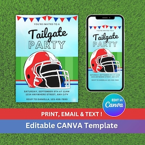 Leuke bewerkbare uitnodiging voor feestje achterklep voetbal. Thuis afdrukken: e-mail of sms! Pas gratis aan in canva. Voeg eenvoudig je teamkleuren toe!
