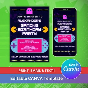 Video Game Arcade Birthday Party Invitation Template. Personalize in Canva for Free. Print, Text or Email Invite