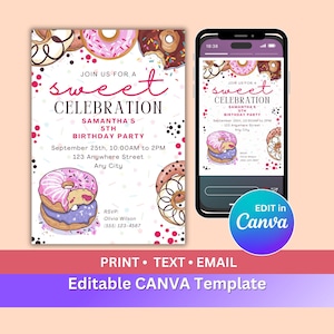 May include: A printable invitation for a 5th birthday party with a donut theme. The invitation features a colourful donut design and the text "Join us for a sweet celebration Samantha's 5th Birthday Party September 25th, 10:00AM to 2PM 123 Anywhere Street Any City RSVP: Olivia Wilson (555) 123-4567".