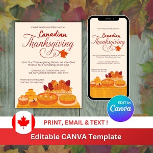 May include: A digital invitation for Canadian Thanksgiving, featuring a cream-colored background with the text "Canadian Thanksgiving" in a decorative font. The design includes illustrations of pumpkins, pies, and a maple leaf. The invitation is shown on a flyer and a smartphone.