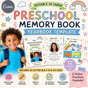 Może przedstawiać: Kolorowy szablon książki wspomnień z przedszkola z tekstem "Preschool Memory Book Yearbook Template". Projekt zawiera miejsce na zdjęcia, informacje o nauczycielach i grafiki. Zawiera formaty US Letter (21,6 x 27,9 cm) i A4.
