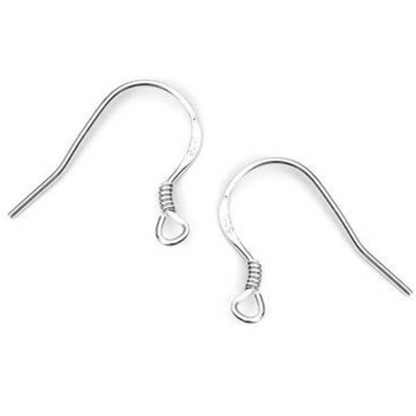 50-1000pc Bulk Sterling Silver French Earring Hooks, 15mm Coil No Ball, 925 Silver Ear Wires, Wholesale Sterling Silver Earring Findings