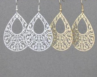 Lotus Flower Bud Filigree Earrings Silver Gold ~ Boho Bohemian Fashion Jewelry ~ Teardrop Dangle Earrings Shiny Lightweight Stainless Steel