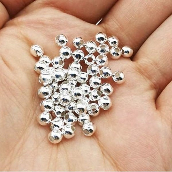 12" Strand Sterling Silver Plated 4mm Round Spacer Beads, Smooth Seamless Silver Brass Metal Ball Findings for Making Jewelry Earrings