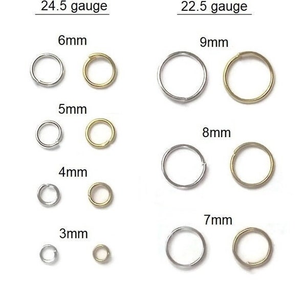 500pc Sterling Silver & Gold Plated Open Jump Rings, 22 24 Gauge/ 3 4 5 6 7 8 9 mm Jumpring Findings for Earrings, Charm Bracelets, Jewelry