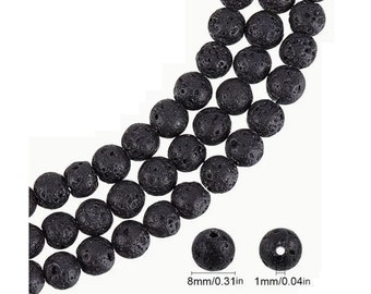 15.5" Full Strand 8mm Black Volcanic Lava Rock Stone Beads for Bracelet Making, Large 1mm Hole Size