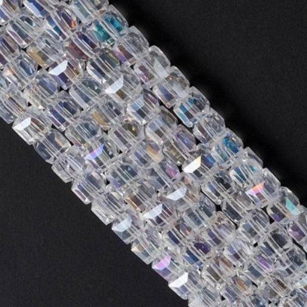 Clear White Rainbow AB Crystal Glass Cube Faceted Beads Strands / 17" 4mm / 22" 6mm / 15" 8mm / Electroplated Aurora Borealis Square Beads