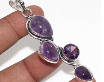 Dark Purple Amethyst Multi Stone Silver Necklace Pendant with Long Dangle Drop, Crystal Healing Gemstone Jewelry Gift, February Pisces Stone