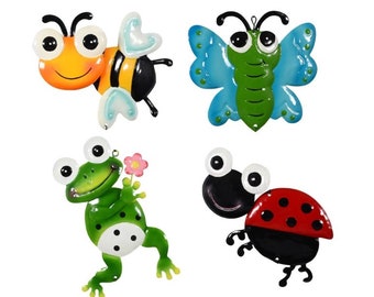 Garden Critters Metal Sign Wall Art- Ladybug Frog Butterfly Bumble Bee Yard Art Hanging Decorations - DIY Wind Chime Parts Wreath Ornaments