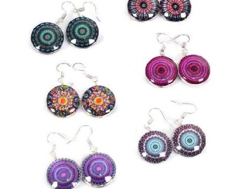 Boho Mandala Earrings Dangle Drop Bohemian Style, Round Circle Mandala Earrings with Kaleidoscope, Sacred Geometry and Stained Glass Pattern