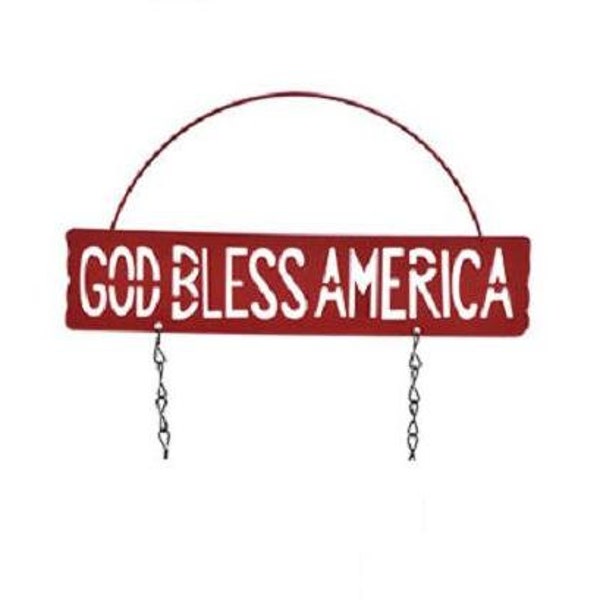 Red "God Bless America" Metal Welcome Sign with Hanging Chain ~ Patriotic Home Garden Decor ~ DIY Mobile, Plant Hanger, Wind Chime Parts