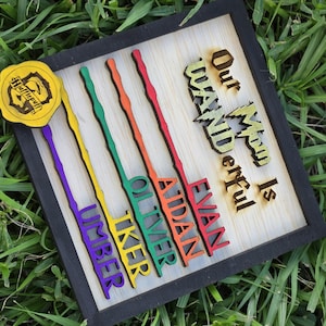 May include: A wooden sign with the text "Our Mom is Wonderful" and the names "Evan", "Aidan", "Oliver", "Tiker", and "Umber" written in rainbow colors. The sign is framed in black and has a yellow Hufflepuff crest in the top left corner.