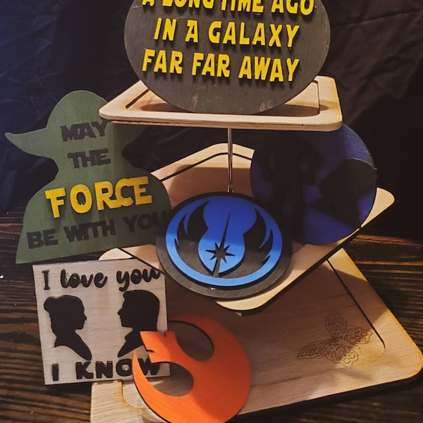 Star Wars Inspired Tiered Tray | Tier Tray Home Decor | Space Jedi Knights | Galaxy | Nerd | Star Knight | Home Decor | Wooden | Green Jedi