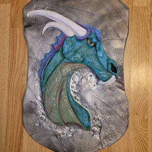 Dragon Intarsia Shield| Dragon Home Decor| Dragon| Purple and Teal Dragon| D&D Dragon Home Decor| Dragon Sheild| Intarsia Home Decor