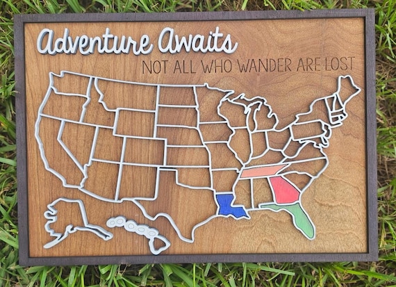Laser Cut USA Travel Map – 50 State Map  – MDF Wood Travel Tracker – Paint and Glue As You Go – Travel Gift – 15" x10.5" Adventure Awaits