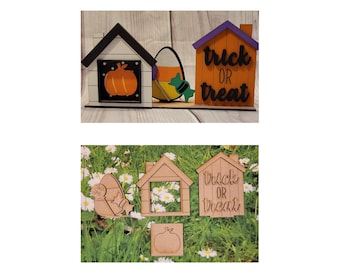 DIY or Finished | Halloween Interchangeable Standing Holiday Houses With Base | 2 or 3 House Option | Mini House for Tiered Tray or Decor