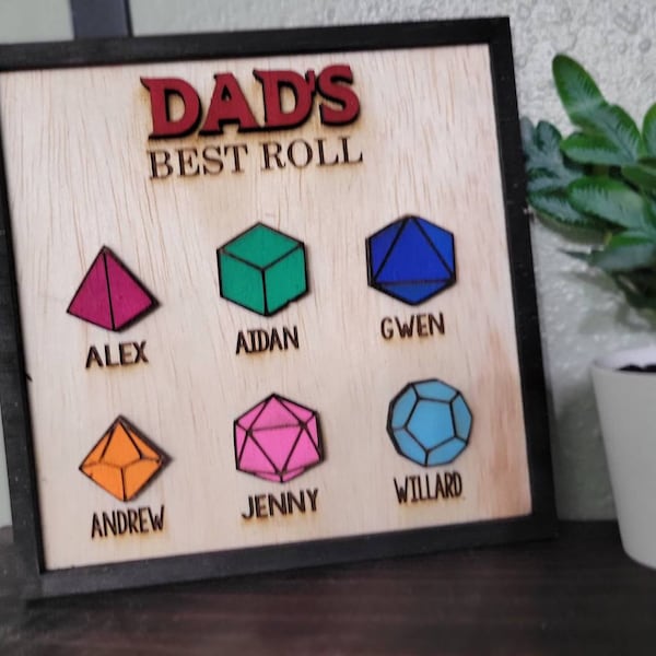 6" x 6" Dad's Best Roll | Nerdy Father's Day Gift | D&D | Dungeons and Dragons | d20 | Father's Day Gift | Wooden Custom Gift | 1 to 6 Kids