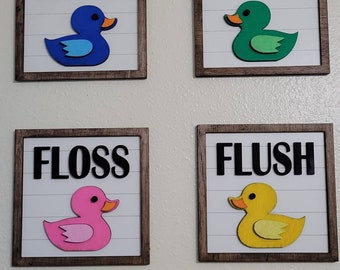 Farmhouse Bathroom Signs | Rubber Duck Bathroom Decor | Set of 4 Bundle | Custom Made | Any Color Frame or Ducks | Home Décor Wooden