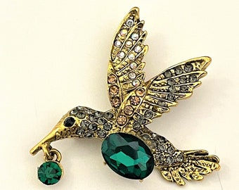 Vintage Jewelry Bird in Green Stone Rhinestone Brooch pin gold tone BXX17