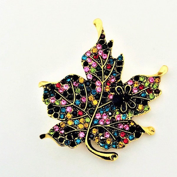 Unique Rhinestone Maple Leaf with Bee Brooch Pin in Gold Tone