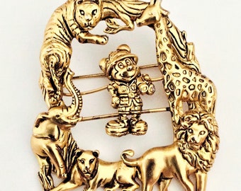 Adorable Huge Micky Mouse Around Animal Zoo Brooch Pin in Gold Tone