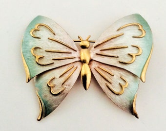 Adorable Enamel Pastel Green and Gold Butterfly Brooch Pin in Gold tone