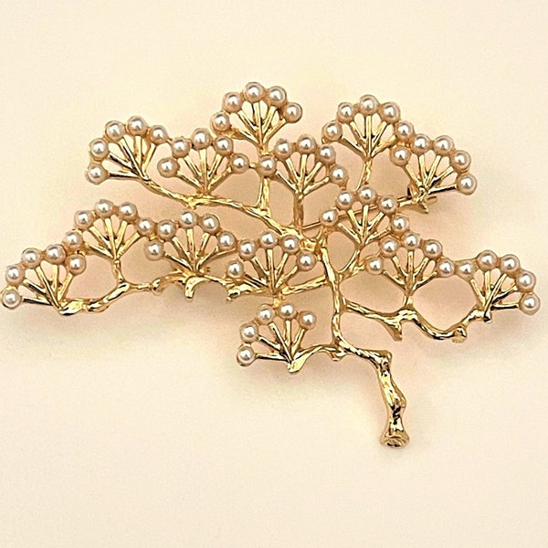 Gold Tree of Life Brooch pin with Faux Pearl Jewelry BX51