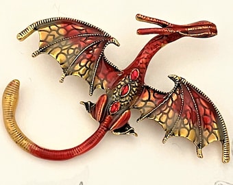 Huge Red Dragon Brooch pin in gold tone BX27