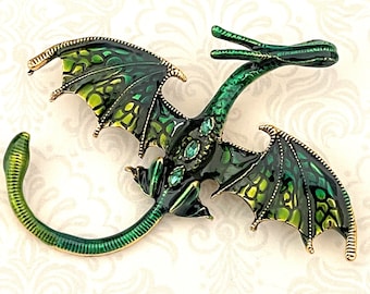 Vintage Jewelry Green Enamel Dragon Brooch pin or Pendant in gold tone - Dragon Brooch pin BX26