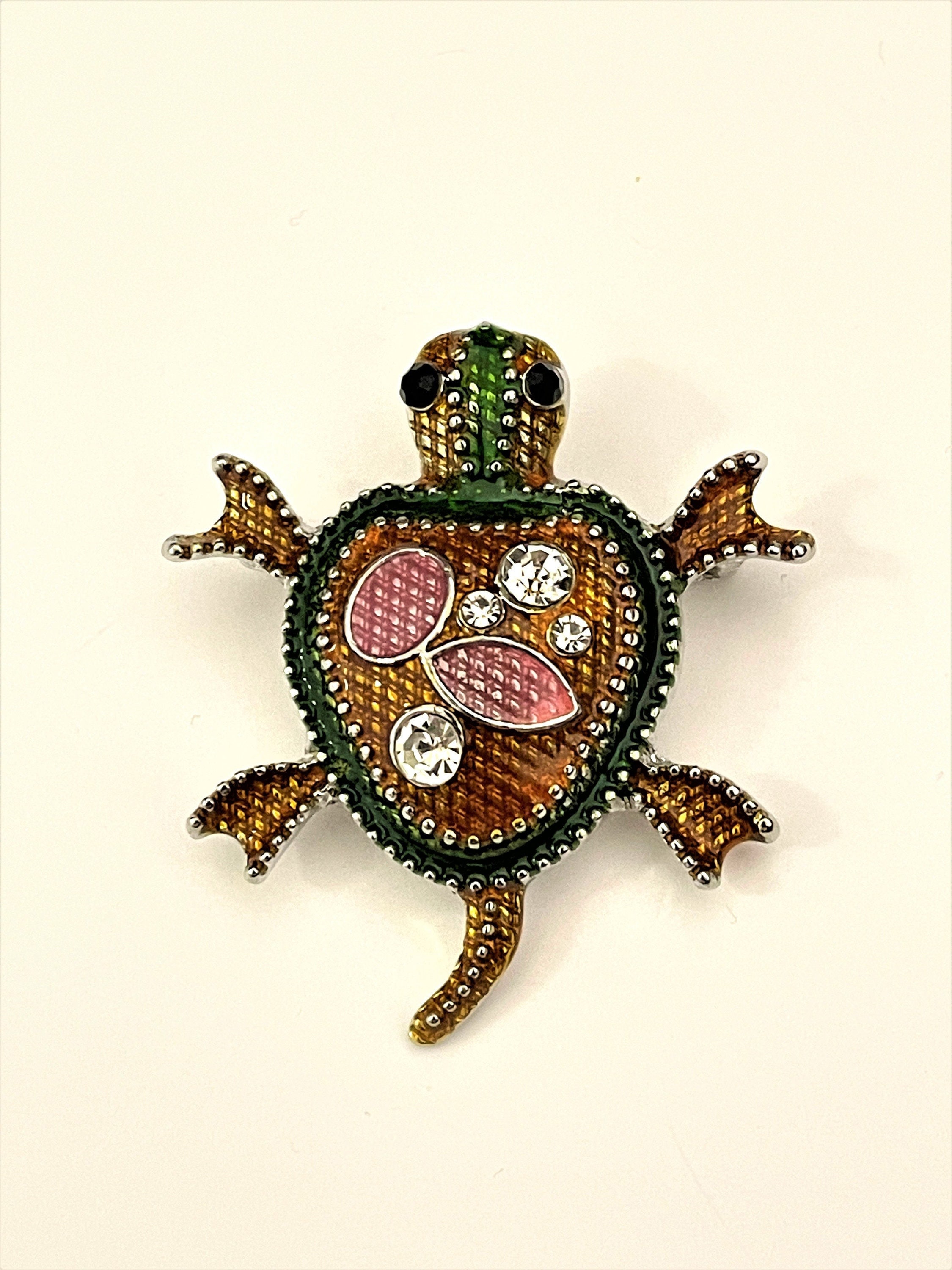 Vintage Jewelry Huge Turtle in Rhinestone Silver Tone Brooch pin or Pendant  BX43