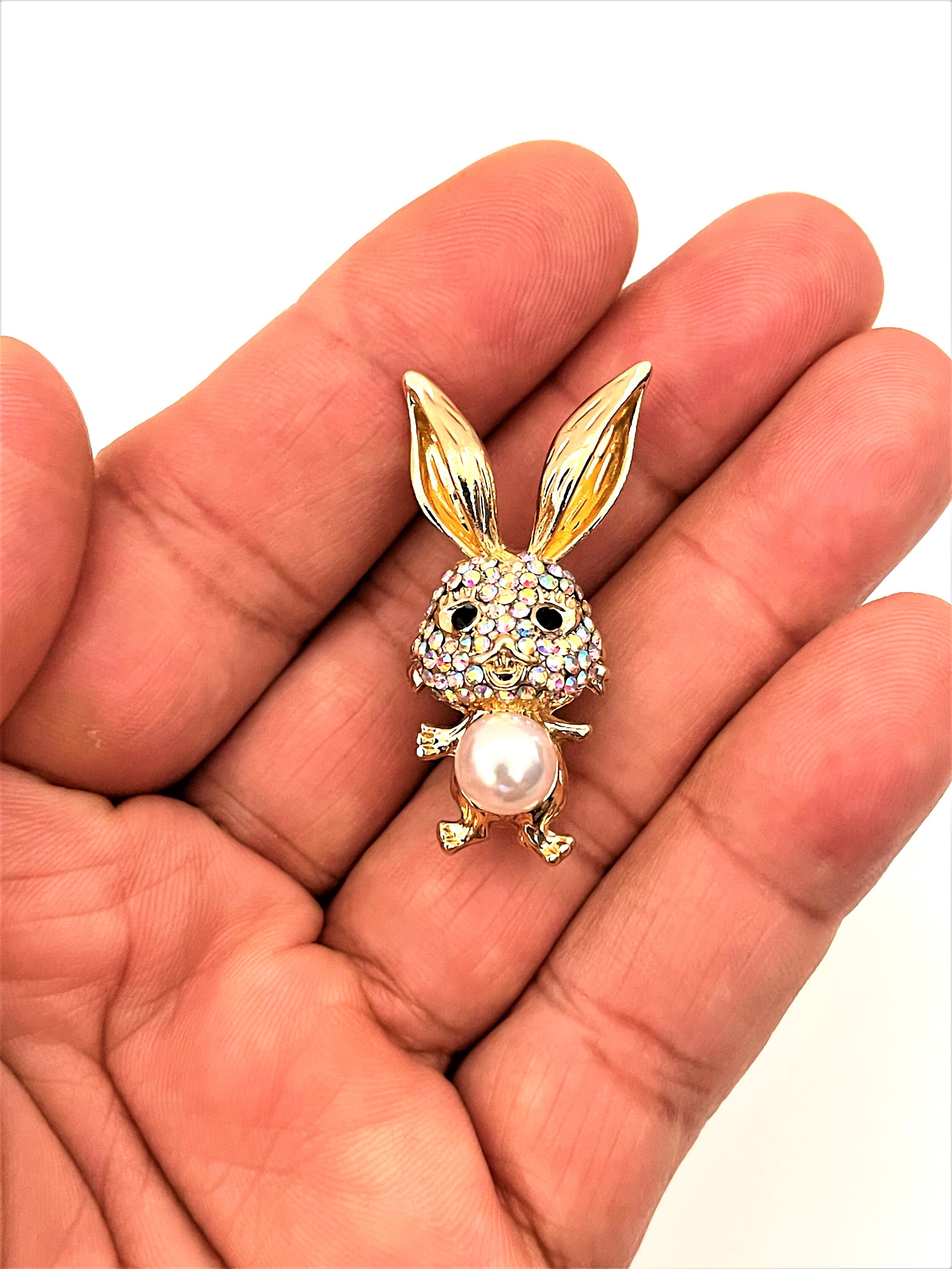 Adorable Rhinestone Faux Paarl Rabbit Bunny Brooch Pin or