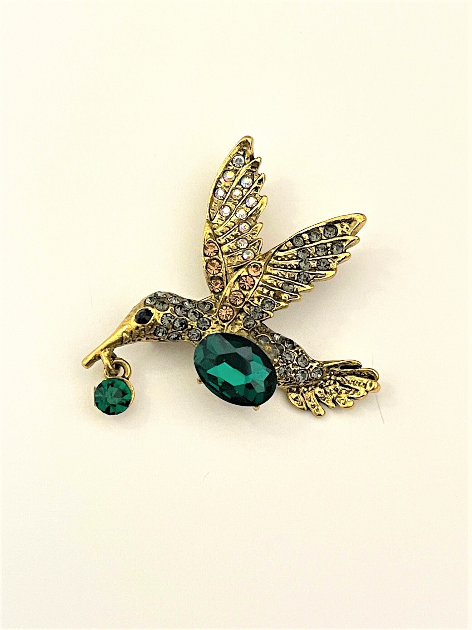 bird ⑨⑨ Vintage Jewelry Bird in Green Stone Rhinestone Brooch Pin Gold