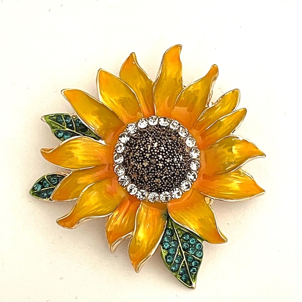 Vintage style Yellow sunflower enamel and crystal stone  brooch pin jewelry DP9