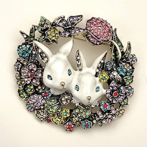 Huge Easter bunny rabbit rhinestone gold tone brooch pin jewelry BX86