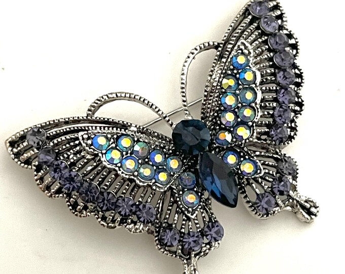 Vintage Dark Lapiz Blue Butterfly Rhinestone Brooch Pin and Pendant ...