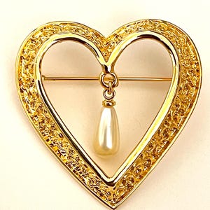 Vintage gold gesrt dangling faux pearl brooch pin jewelry FL52