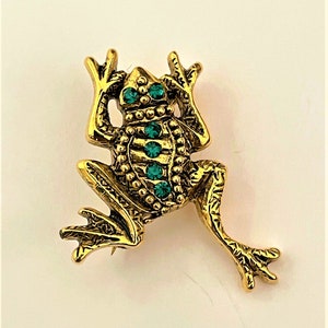 Vintage Frog Emerald Green Rhinestone Brooch pin Gold tone jewelry BX13