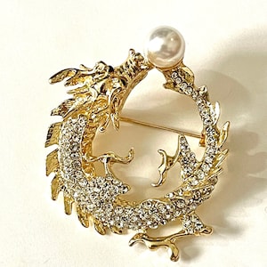 Huge Dragon Studded rhinestone with faux pearl brooch pin jewelry BX57