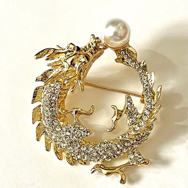 Huge Dragon Studded rhinestone with faux pearl brooch pin jewelry BX57