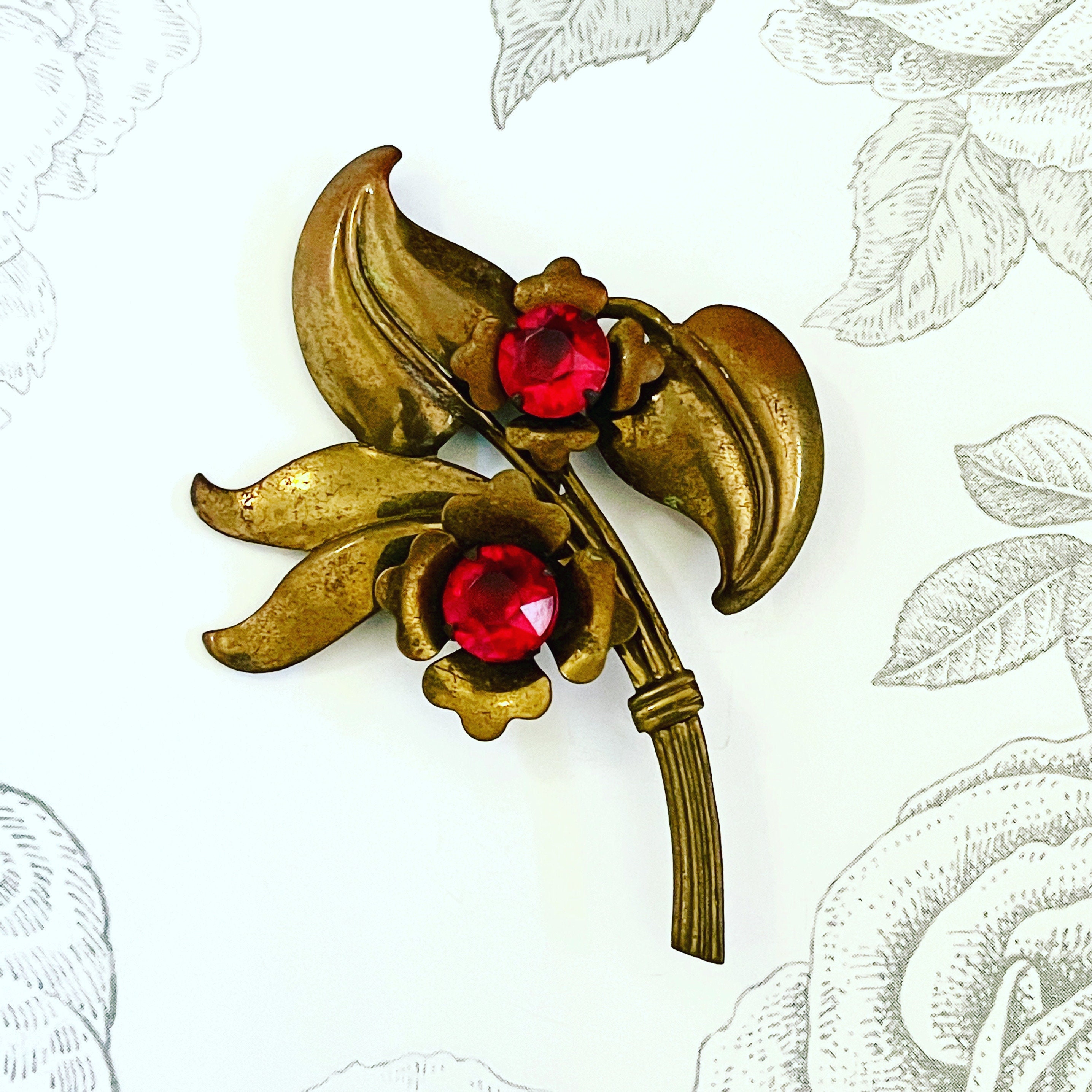 1960 Vintage Flower 3.5 Copper Flower Red Rhinestone and 1960 Vintage Flower 3.5 Copper Flower Red Rhinestone and