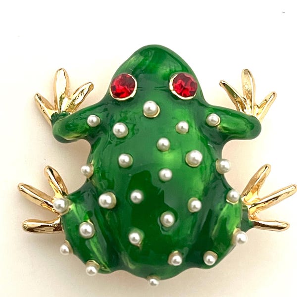 Green Frog faux white pearl brooch pin jewelry WK54