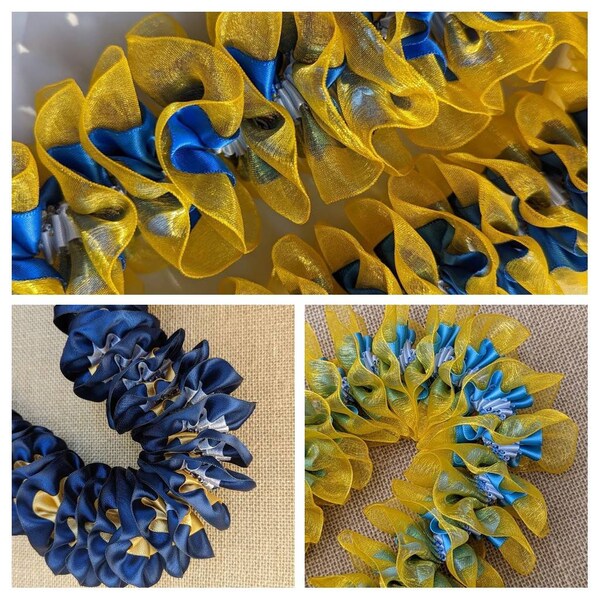 Blue, Gold and White Ruffled Ribbon Leis | UCLA California Cal Berkeley San Diego Santa Barbara Graduation Celebrations